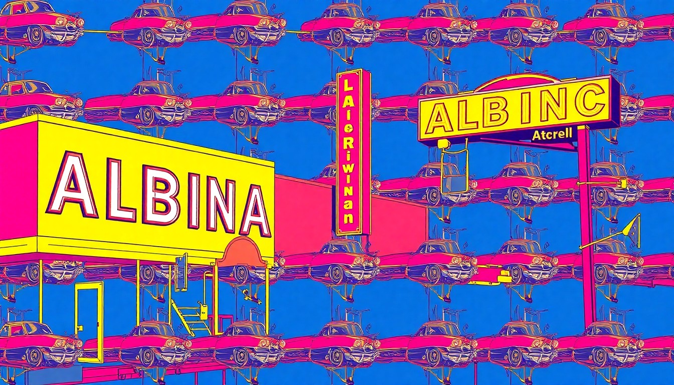 A high-contrast, silkscreen-style illustration of a classic mid-century storefront sign in bold, neon colors, repeated in a grid pattern to capture the iconic visual identity of the Albina neighborhood.