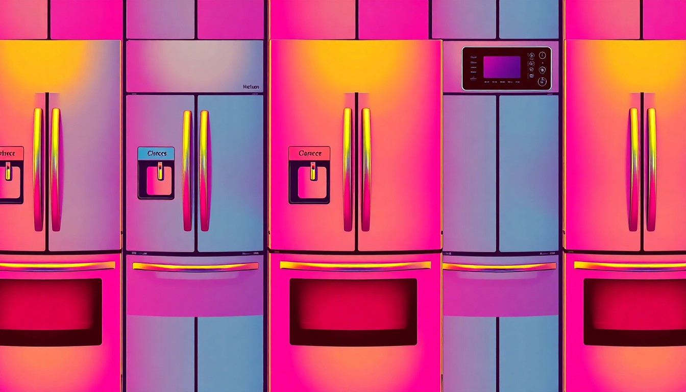 A brightly colored, high-contrast silkscreen print of a stainless steel refrigerator repeated in a tight grid pattern, conceptually representing the luxury appliances and finishes found in the rental condo.