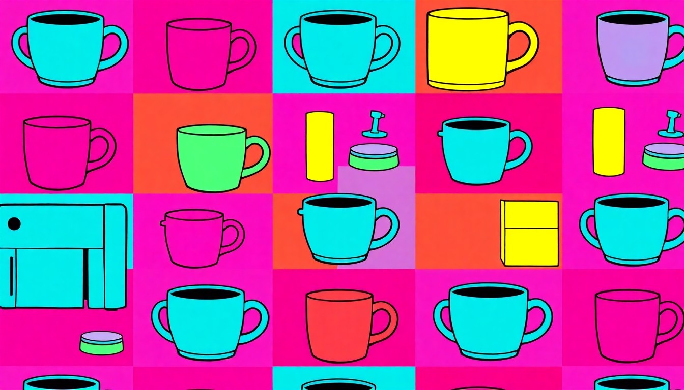 A brightly colored, high-contrast silkscreen print of a modern kitchen appliance or furniture piece, repeated in a tight grid pattern with overlapping neon colors and heavy black outlines, creating a bold, pop art-inspired representation of luxury urban living.