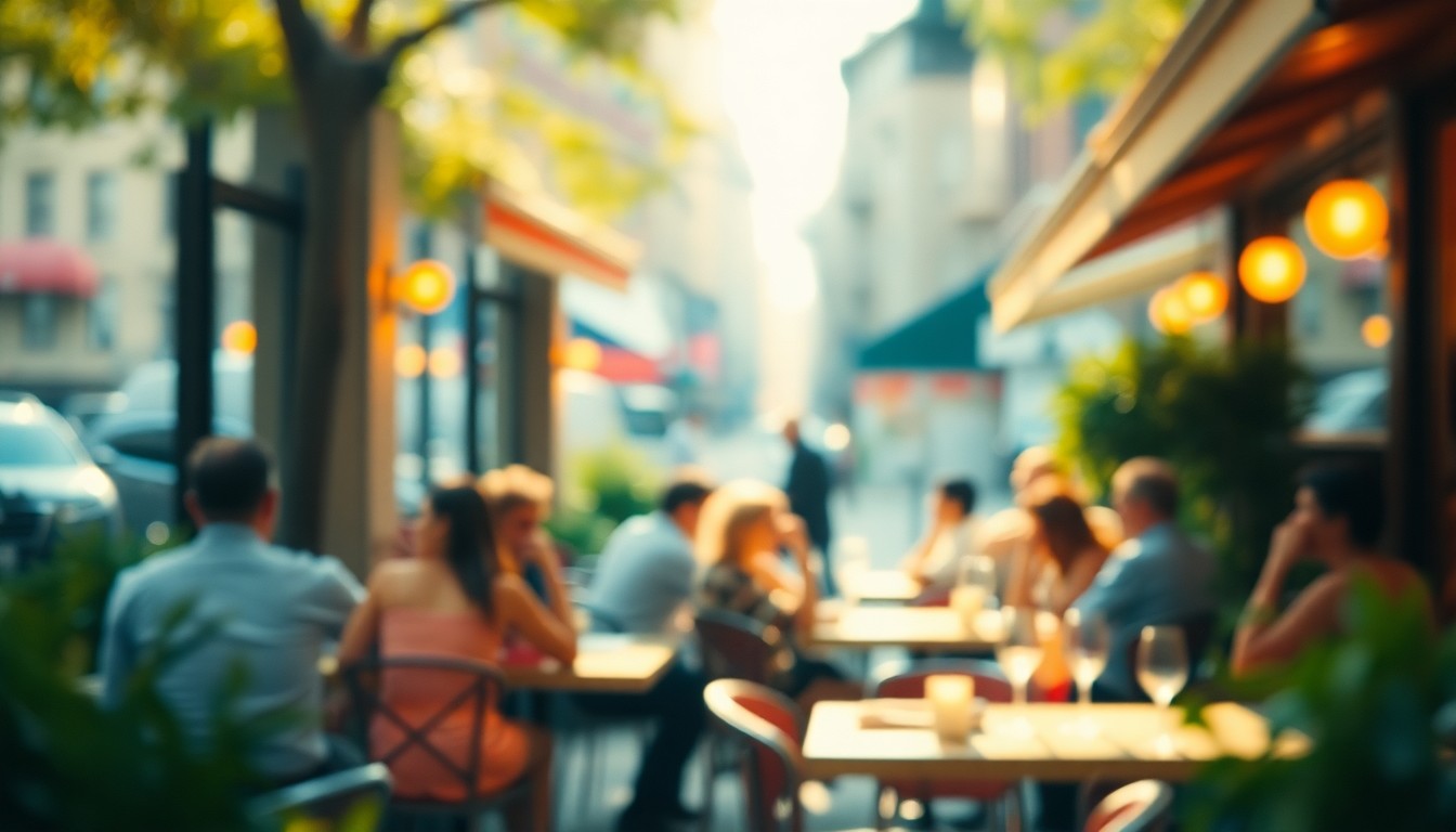 An impressionistic, out-of-focus photograph depicting the blurred silhouettes of people dining outdoors, surrounded by hazy, colorful shapes representing tables, greenery, and other elements of an al fresco dining scene in New York City.