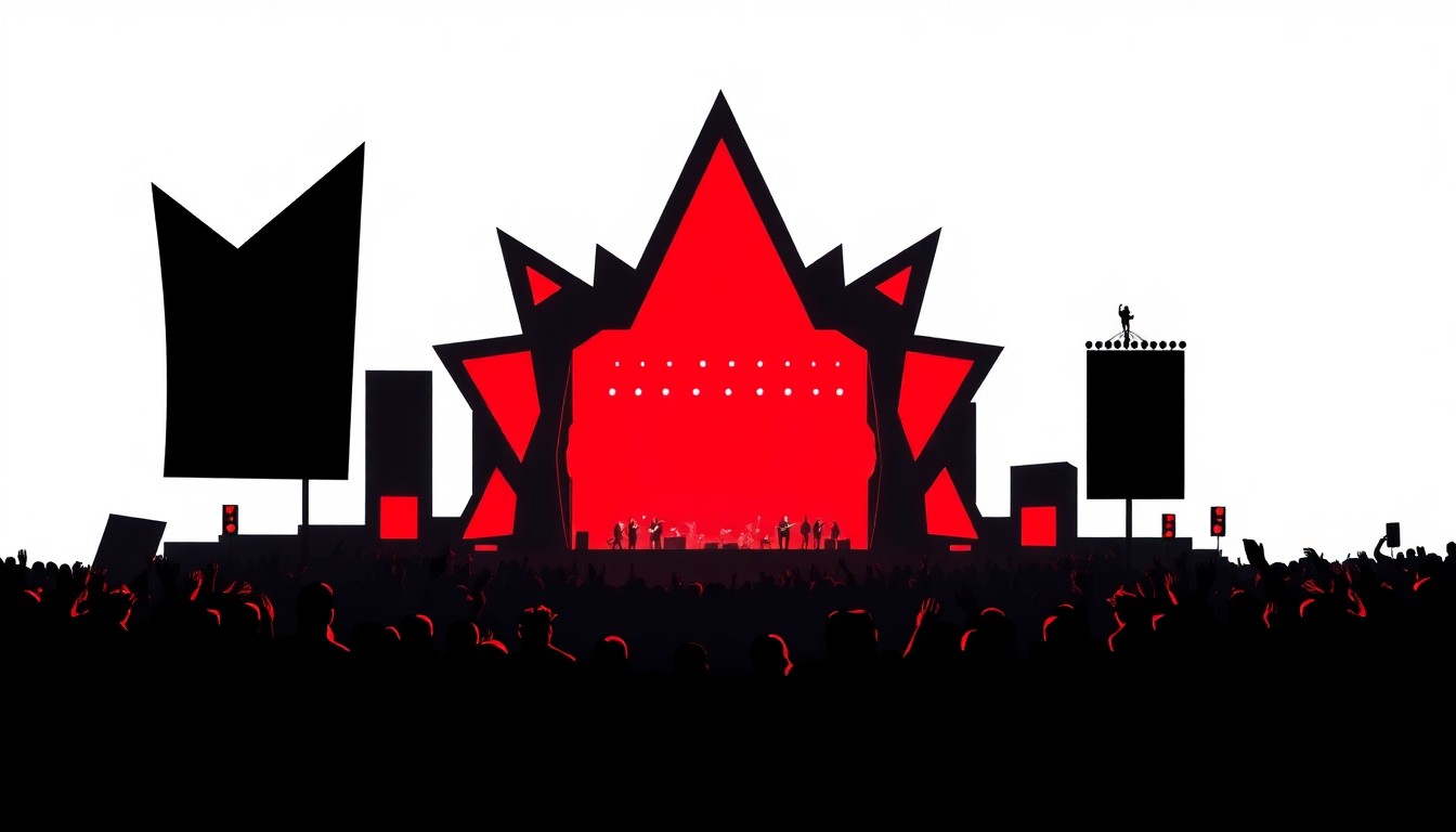 An extreme, abstract composition of sharp, angular black shapes against a bright red background, conceptually representing the energy and excitement of a major music event at an iconic outdoor venue.