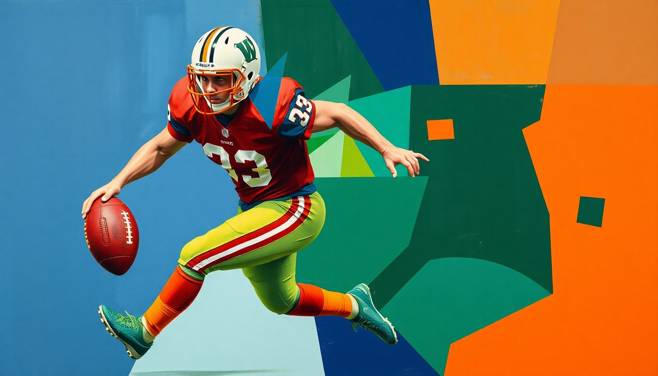 A cubist-style painting depicting a football player in motion, with sharp, overlapping geometric shapes in navy, green, and orange, conveying the dynamic energy and multi-faceted nature of Beatty's game.