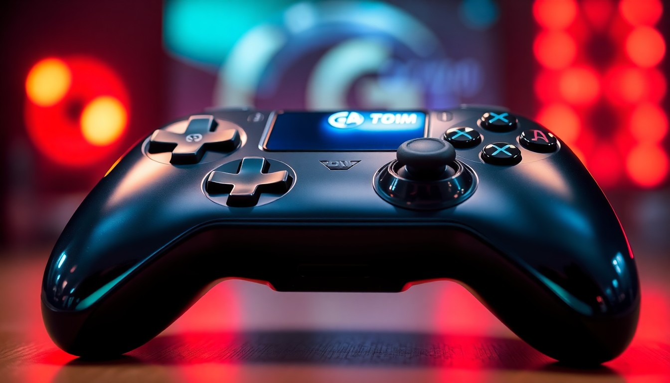 An abstract close-up photograph of a sleek, reflective video game controller, capturing the high-end, luxurious texture and materiality of modern gaming hardware in dramatic studio lighting.