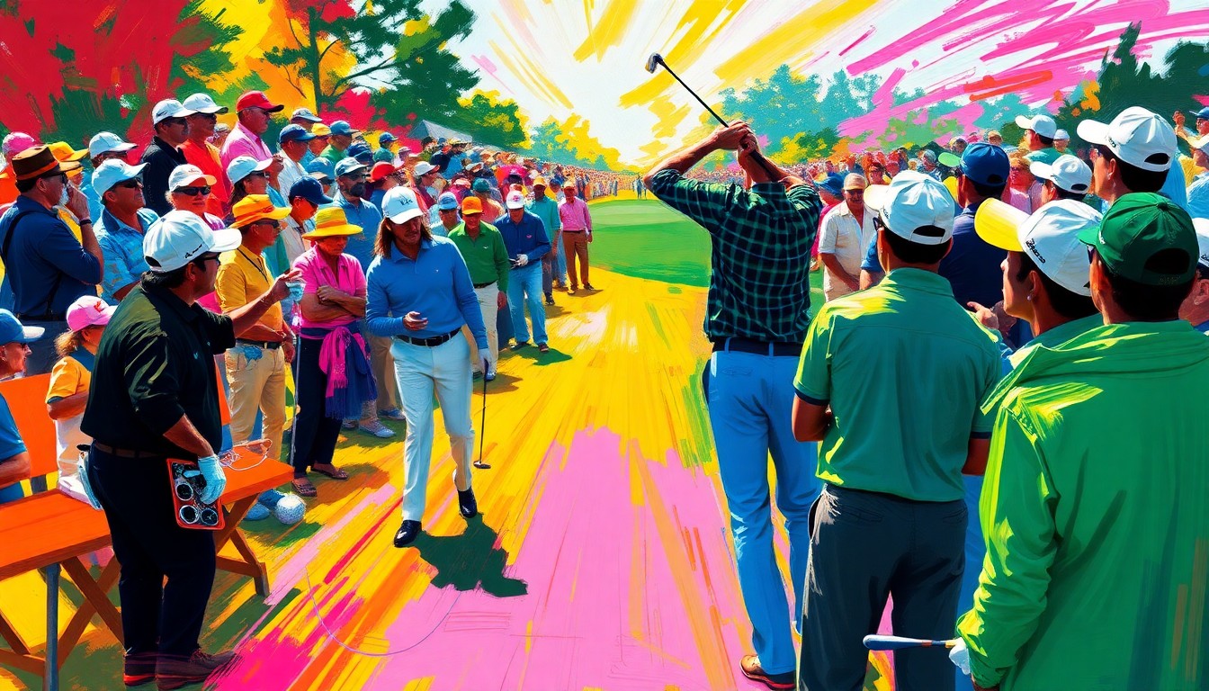 A dynamic, abstract painting in neon colors depicting the energy and excitement of the Masters Par 3 Contest, with golfers, caddies, and spectators blending into a vibrant, kinetic scene.