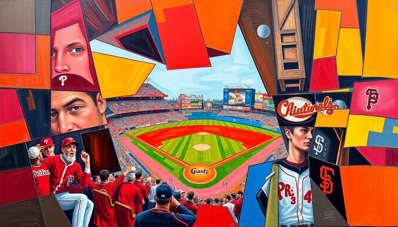 A fragmented, geometric painting in bold colors depicting a baseball game in motion, with players and the field broken down into sharp, overlapping shapes.
