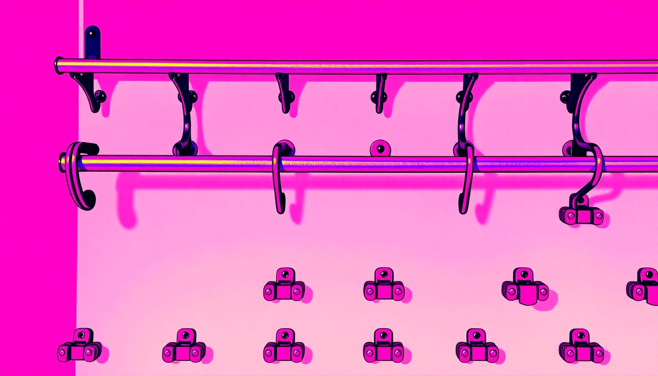 A grid of brightly colored, high-contrast silkscreen images of a single closet organization item, such as a clothing rod or shelf bracket, conceptually representing the durability and style of custom closet systems.