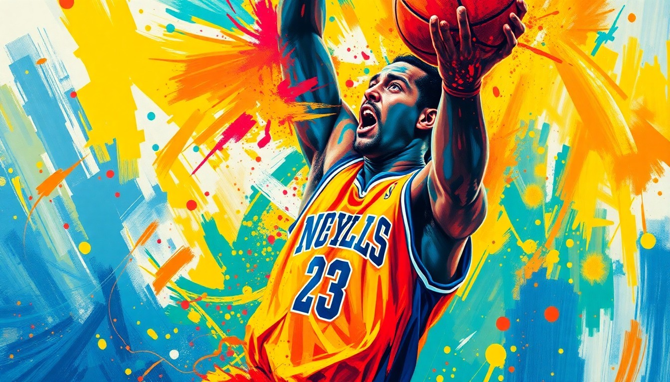 An abstract, energetic painting depicting the dynamic movement of a basketball player driving to the hoop, with their face and jersey dissolving into vibrant, expressive brushstrokes in neon colors.