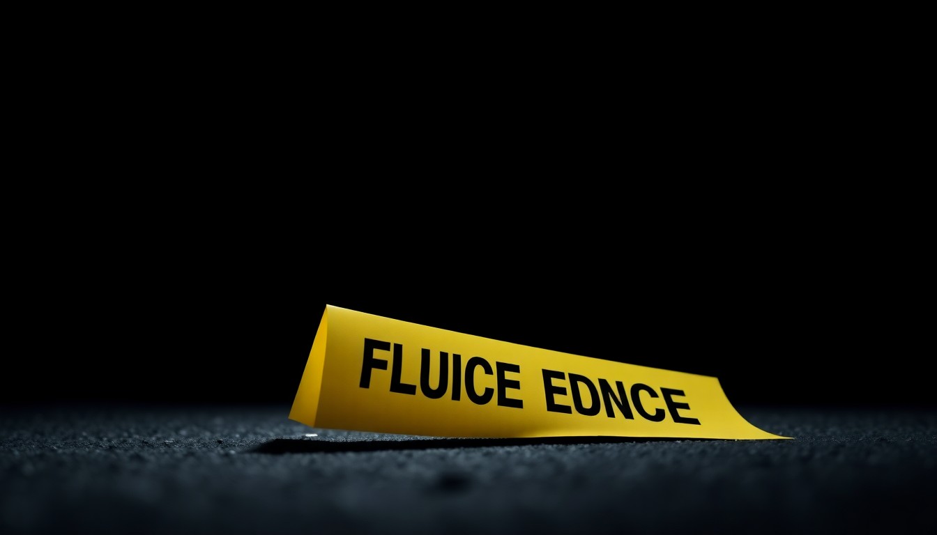 An extreme close-up photograph of a police evidence marker on the ground, capturing the stark, gritty, investigative nature of the crime scene.