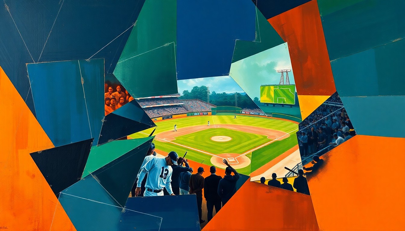 A fragmented, geometric painting depicting a baseball game or match, with sharp, overlapping planes of navy blue, forest green, and burnt orange, conveying the dynamic action and strategic tension of the game.