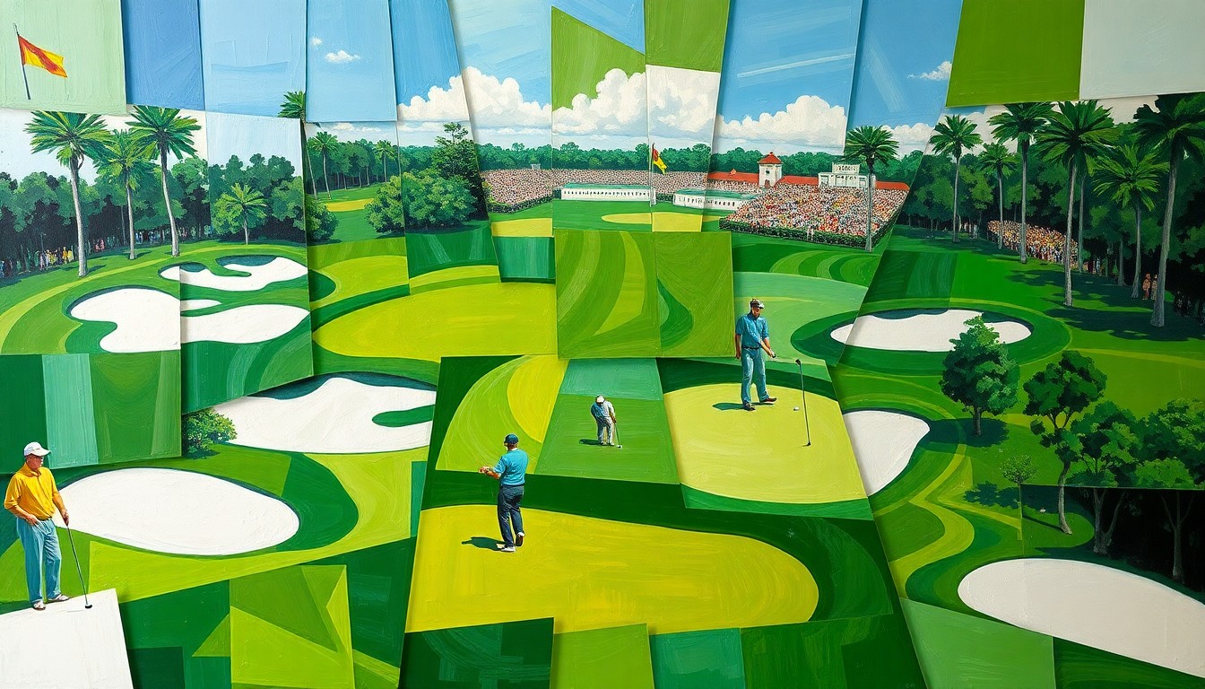 A cubist-style painting featuring overlapping geometric shapes in shades of green, white, and blue, representing the fairways, bunkers, and players of the Masters golf tournament.
