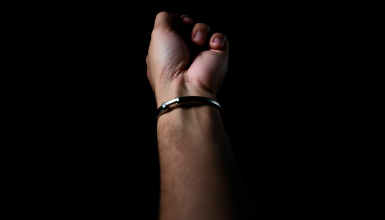 An extreme close-up of a handcuffed wrist against a pitch-black background, capturing the dramatic texture and shadows created by a harsh, direct camera flash, conceptually representing the investigation of a domestic violence case involving a repeat offender.