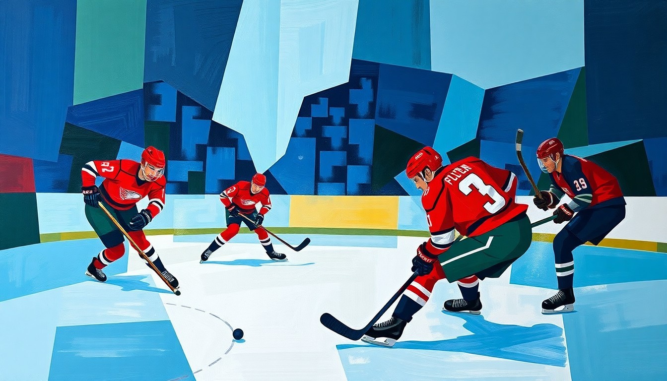 A fragmented, geometric painting in bold colors representing the action and movement of a hockey game, with the players and puck depicted as angular, overlapping shapes.