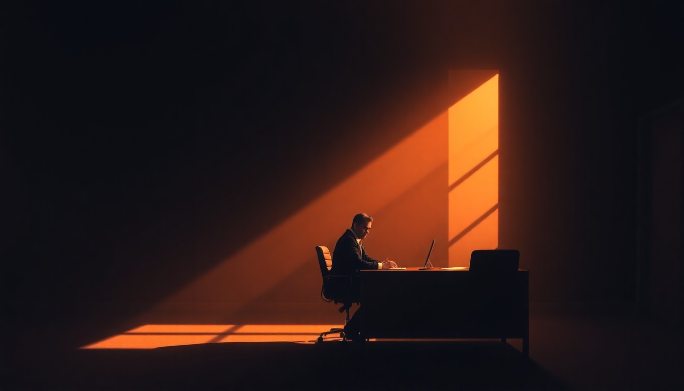 A cinematic painting depicting a solitary businessman sitting at a desk in a dimly lit, shadowy office, with warm diagonal sunlight casting deep shadows across the scene, conceptually representing the somber mood surrounding Bill Gates' upcoming congressional testimony.