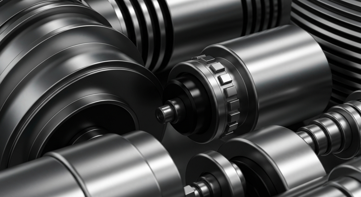 An extreme close-up of gleaming, industrial banking machinery and components in shades of silver, steel, and black, conveying the secure, physical foundations of global finance without using any text or symbols.