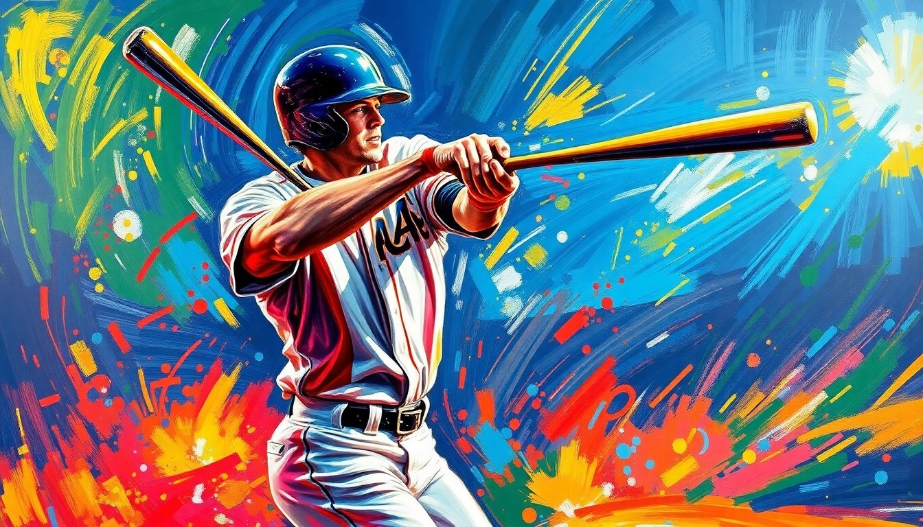 An abstract, expressionist painting in vibrant neon colors depicting the explosive motion and energy of a baseball player swinging a bat and connecting for a home run, the details of the player's face and uniform dissolving into energetic brushstrokes.