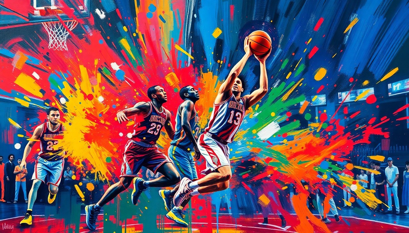 An abstract, energetic painting in neon colors depicting the movement and energy of a basketball game, with players' forms broken down into expressive brushstrokes and splashes of paint.