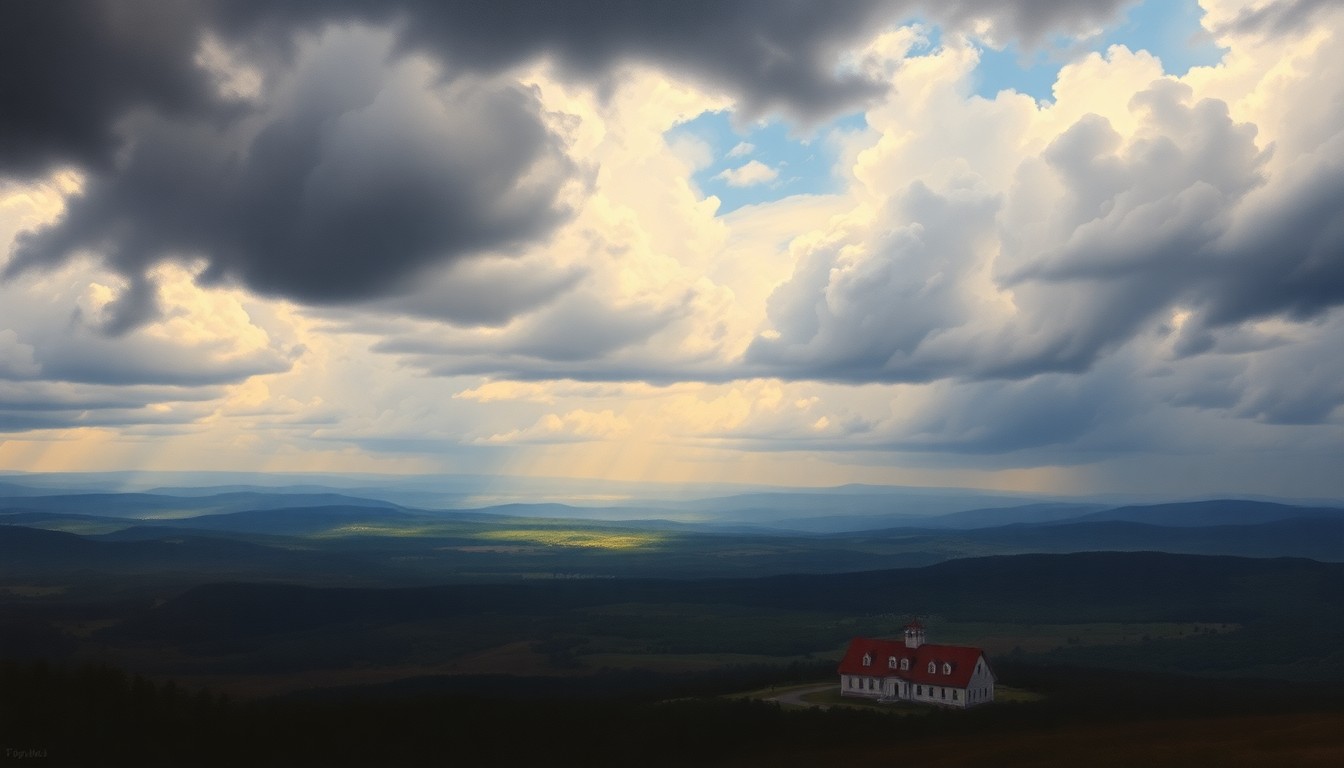 A vast, atmospheric landscape painting in muted tones of gray, blue, and green, with a dramatic cloudy sky and distant mountains, capturing the sublime scale and power of the changing weather in Maine.