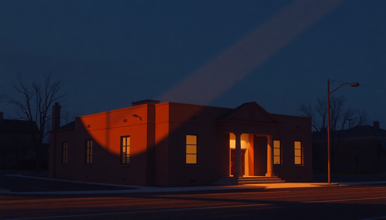 A serene, cinematic painting of a county government building in warm, golden light, conveying a sense of quiet contemplation around the issues raised by the workers.