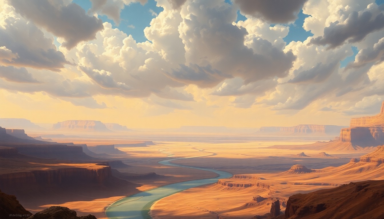 A sweeping, atmospheric landscape painting depicting the vast, arid expanse of the Colorado River basin, with dramatic lighting and deep perspective conveying the overwhelming scale and severity of the region's drought conditions.