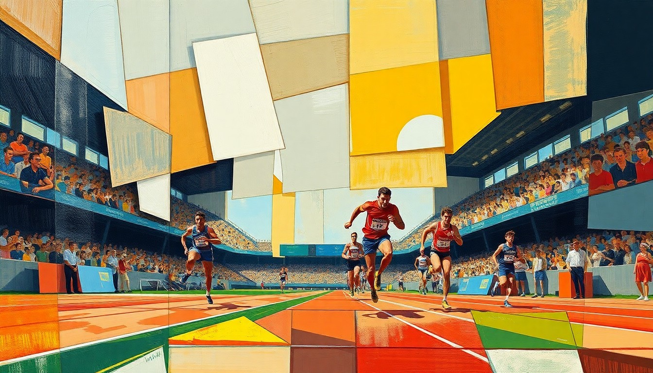 A fragmented, geometric painting depicting a track and field competition, with overlapping planes and shapes representing the motion and energy of the event.