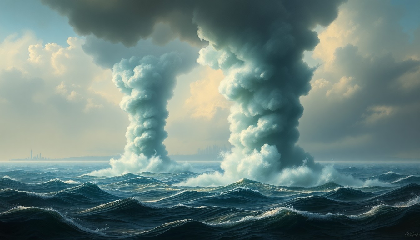A vast, majestic seascape painting depicting a pair of towering, swirling waterspouts emerging from the choppy waters of Pleasure Bay, with the distant Boston skyline barely visible through the hazy atmosphere. The dramatic, sweeping composition emphasizes the overwhelming power and scale of the natural forces at play.