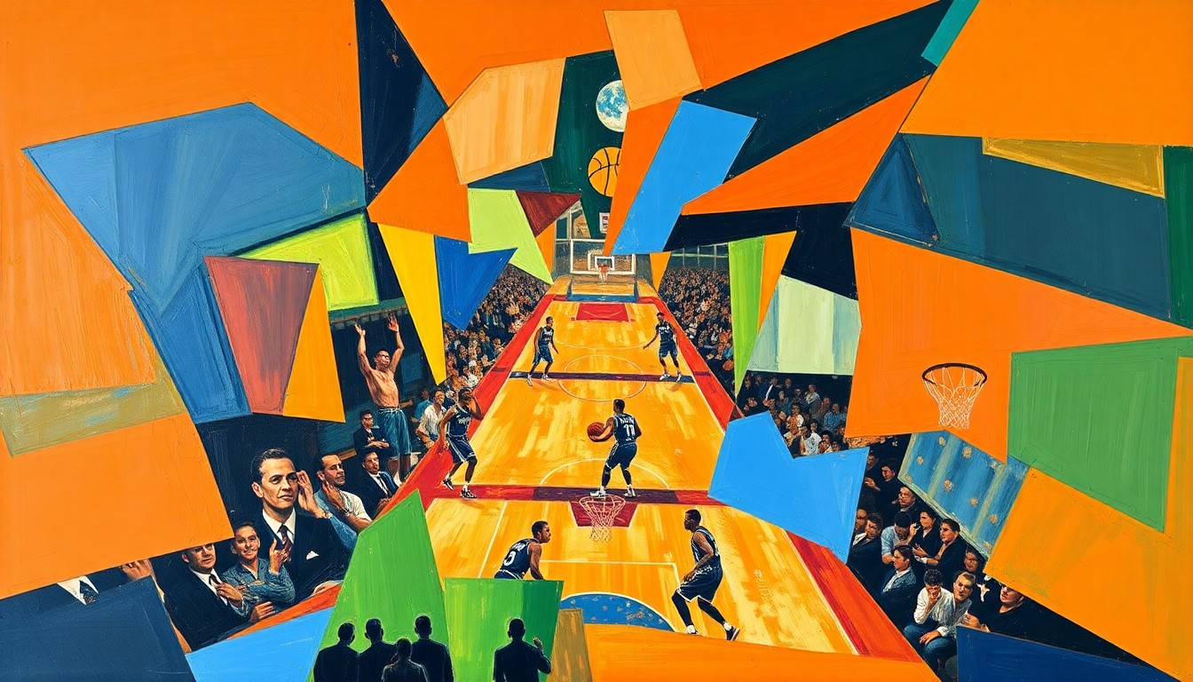 A fractured, cubist-style painting depicting a basketball game or match, with the players and court broken down into sharp, overlapping geometric shapes in vibrant colors like orange, blue, and green, capturing the dynamic energy of the sport.