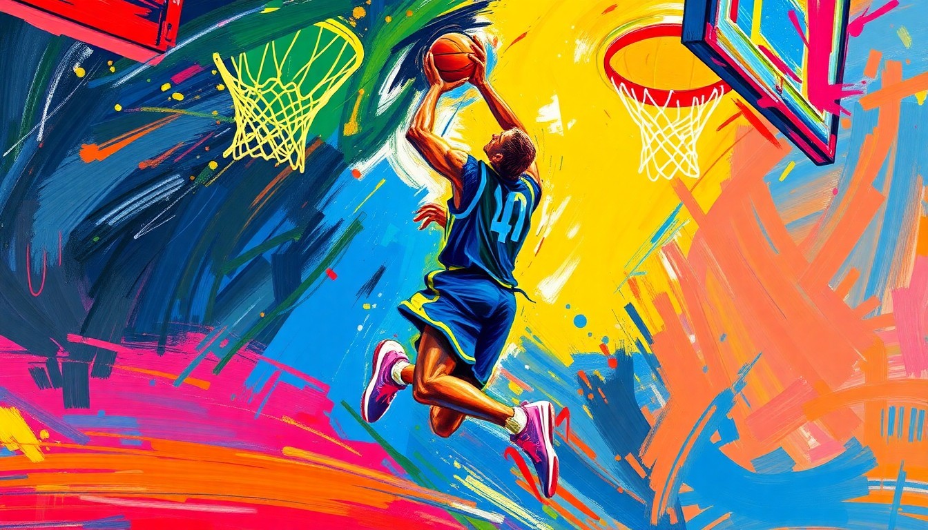 An abstract, expressionist painting in neon colors depicting the dynamic movement and energy of a basketball player driving to the hoop, capturing the excitement and intensity of the game.