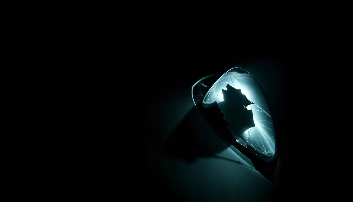 An extreme close-up photograph of a car's crumpled fender and broken side mirror, creating a stark, gritty, investigative aesthetic through the use of harsh, direct flash lighting against a pitch-black background.