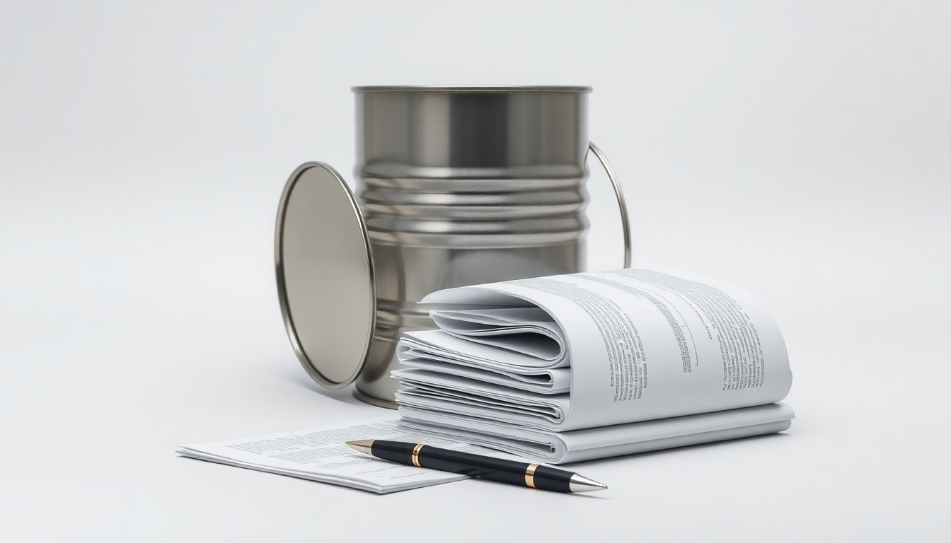 A photorealistic studio still life featuring a polished metal oil barrel, a stack of financial documents, and a pen on a clean, monochromatic background, symbolizing the abstract corporate strategy, finance, and political risks associated with the Citgo acquisition.