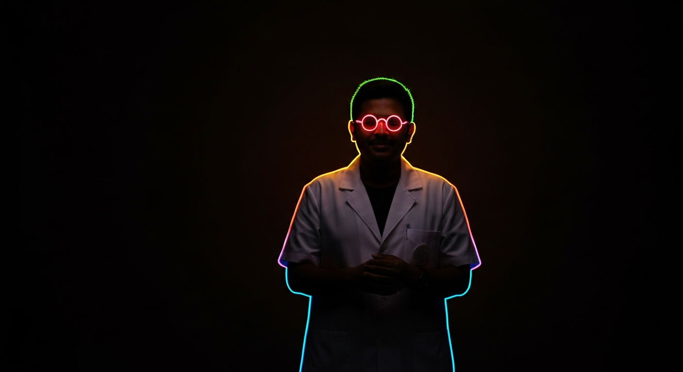 A minimalist design in the style of Keith Haring where the outline of a stethoscope is defined entirely by vibrant neon lines against a dark background, emphasizing the shape and energy of the medical instrument.
