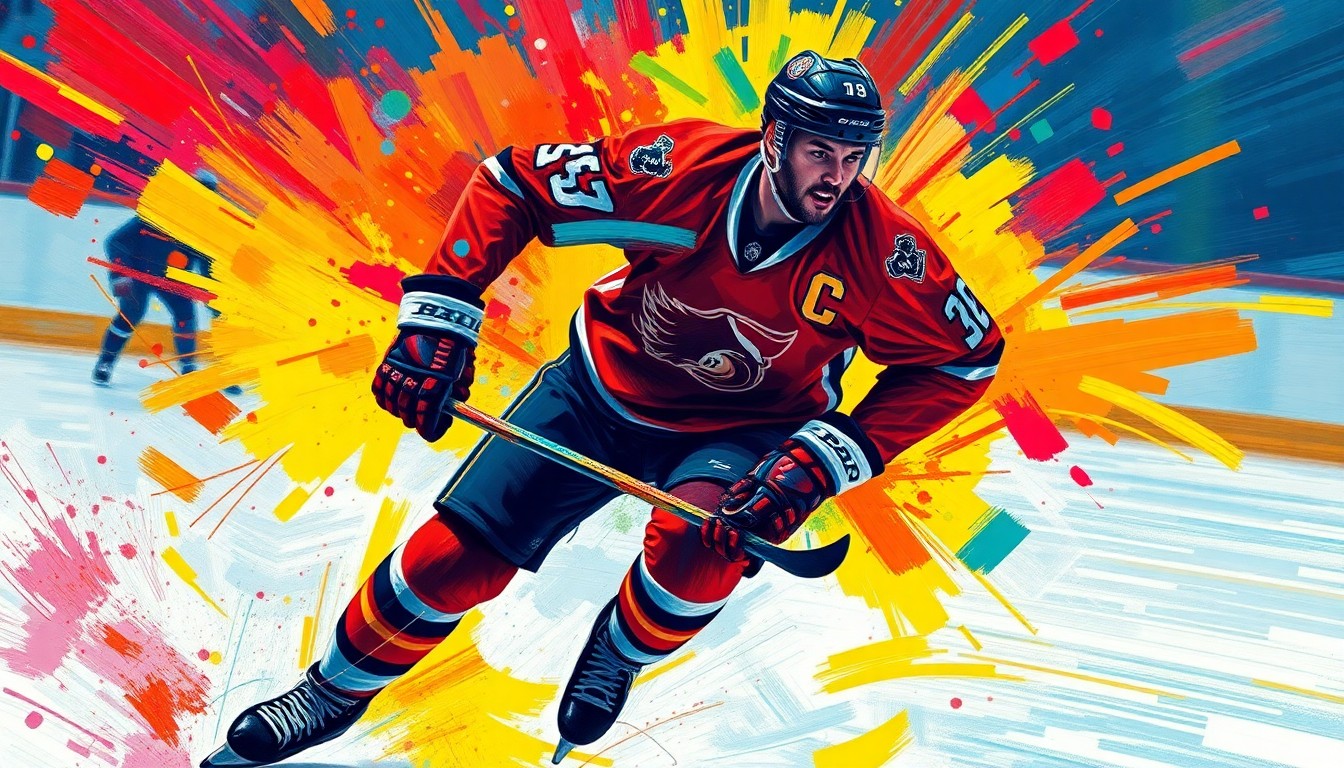 An abstract, energetic painting featuring bold brushstrokes and neon colors that capture the dynamic movement and emotion of a hockey player on the ice, with the player's face and jersey indistinct.