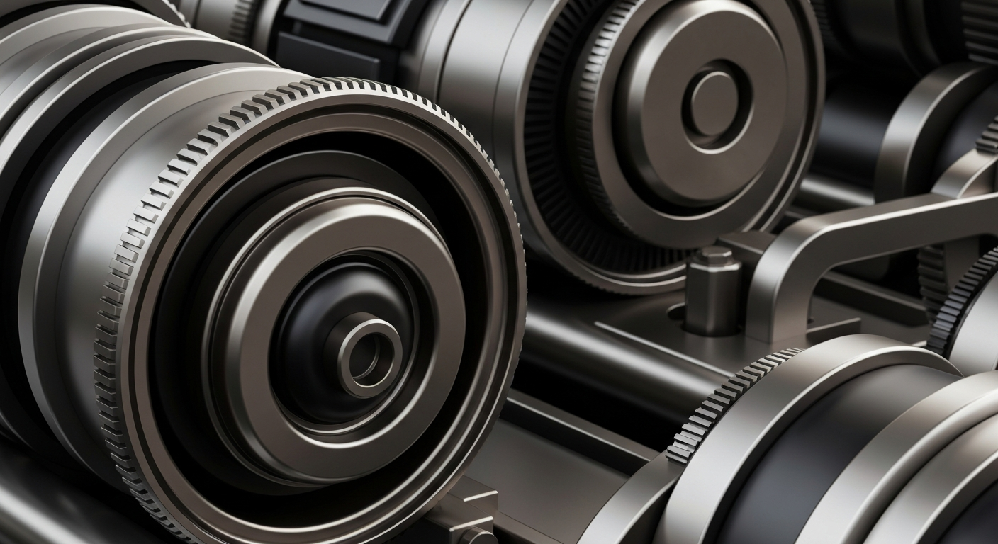 An extreme close-up of intricate, heavy machinery and mechanisms in shades of steel grey, bronze, and black, conveying the secure, powerful infrastructure of the financial industry.