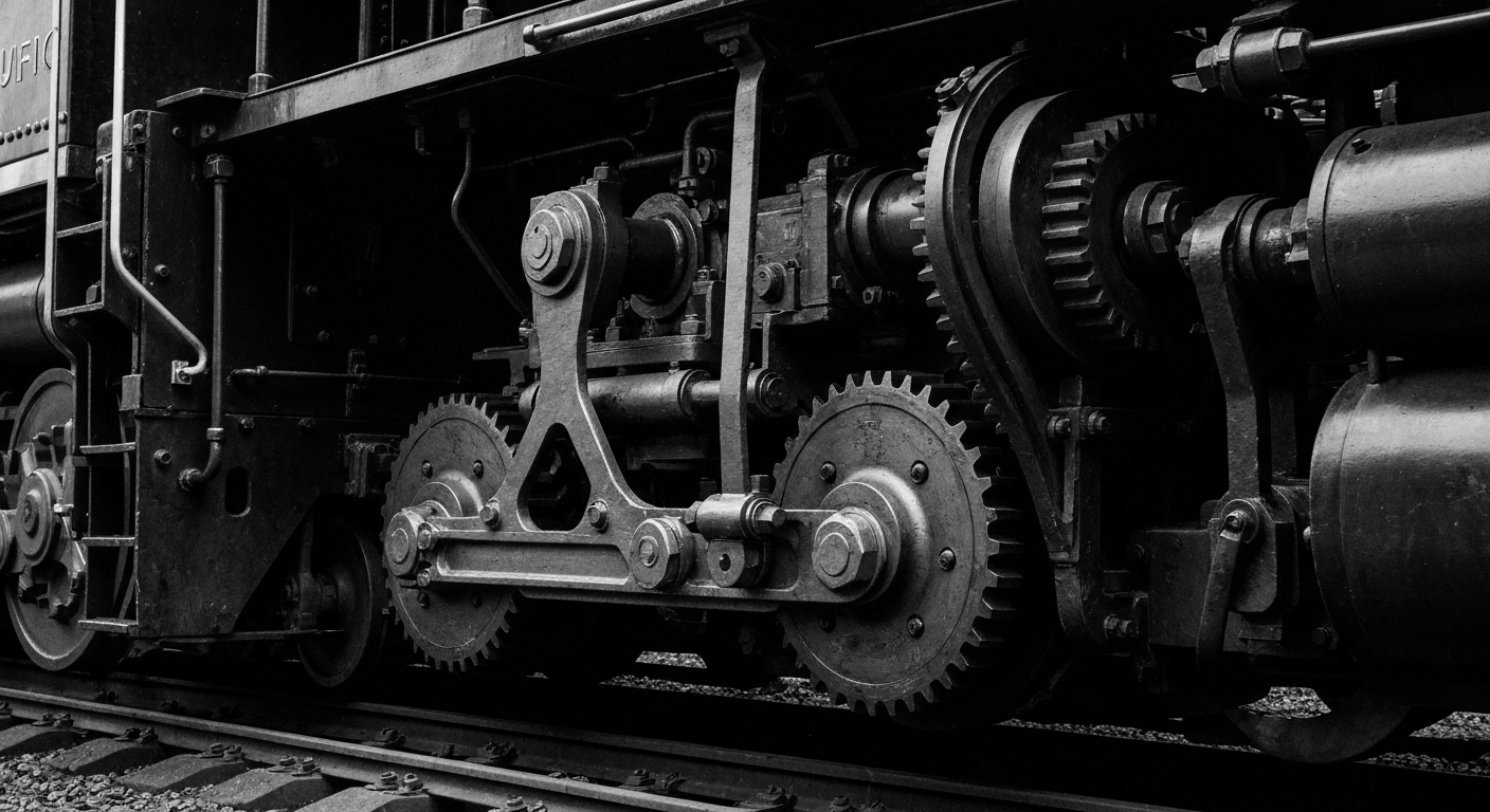 A high-contrast, cinematic close-up of the gears, pistons, and other heavy machinery components that make up the inner workings of a Union Pacific locomotive, conveying a sense of the railroad's industrial strength and reliability.