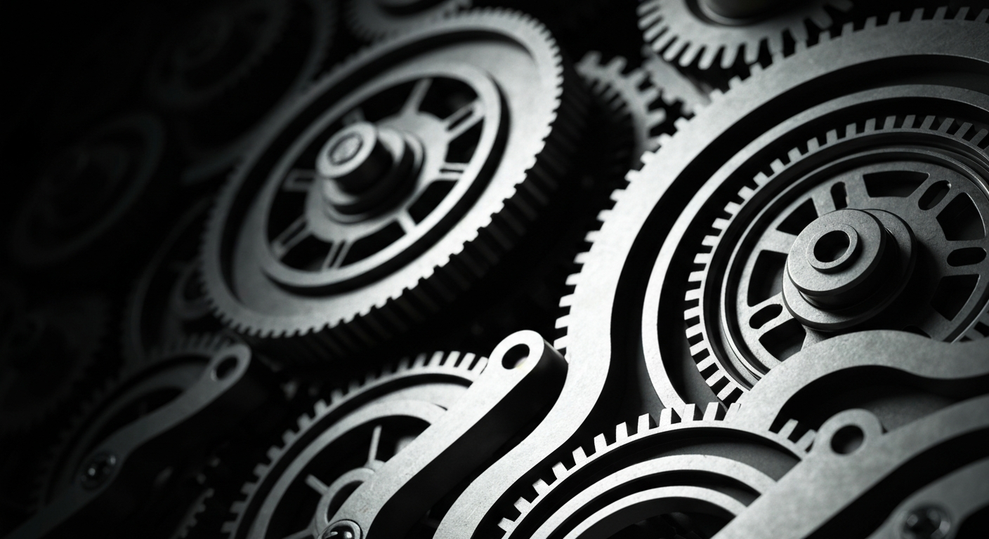 An extreme close-up of complex, industrial banking machinery and gears, captured in dramatic shadows and highlights to represent the secure, powerful infrastructure of the financial industry.