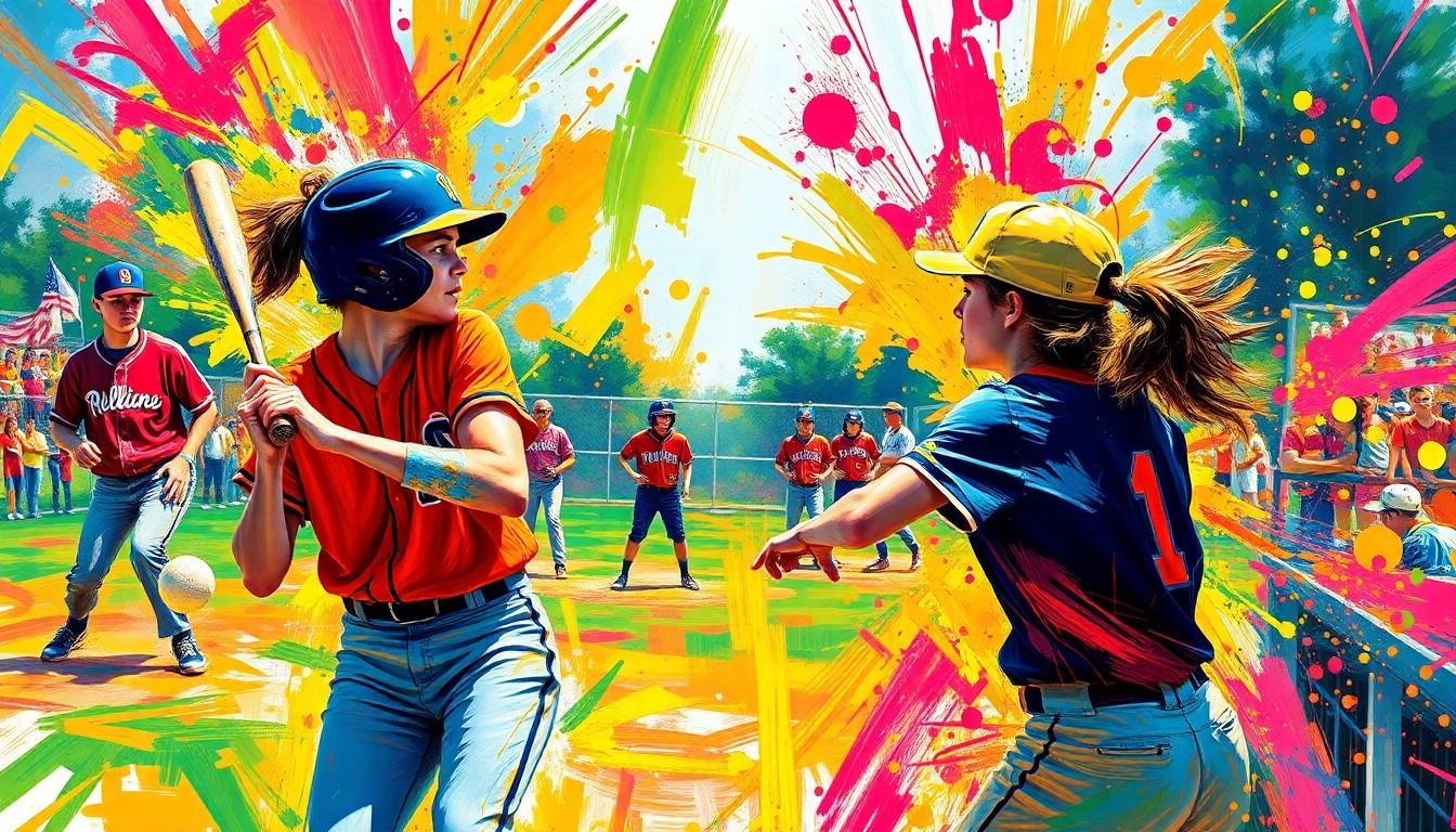 A dynamic, expressionist painting in neon colors capturing the fast-paced action and energy of a high school slow-pitch softball game, with players' forms blending into vibrant brushstrokes.