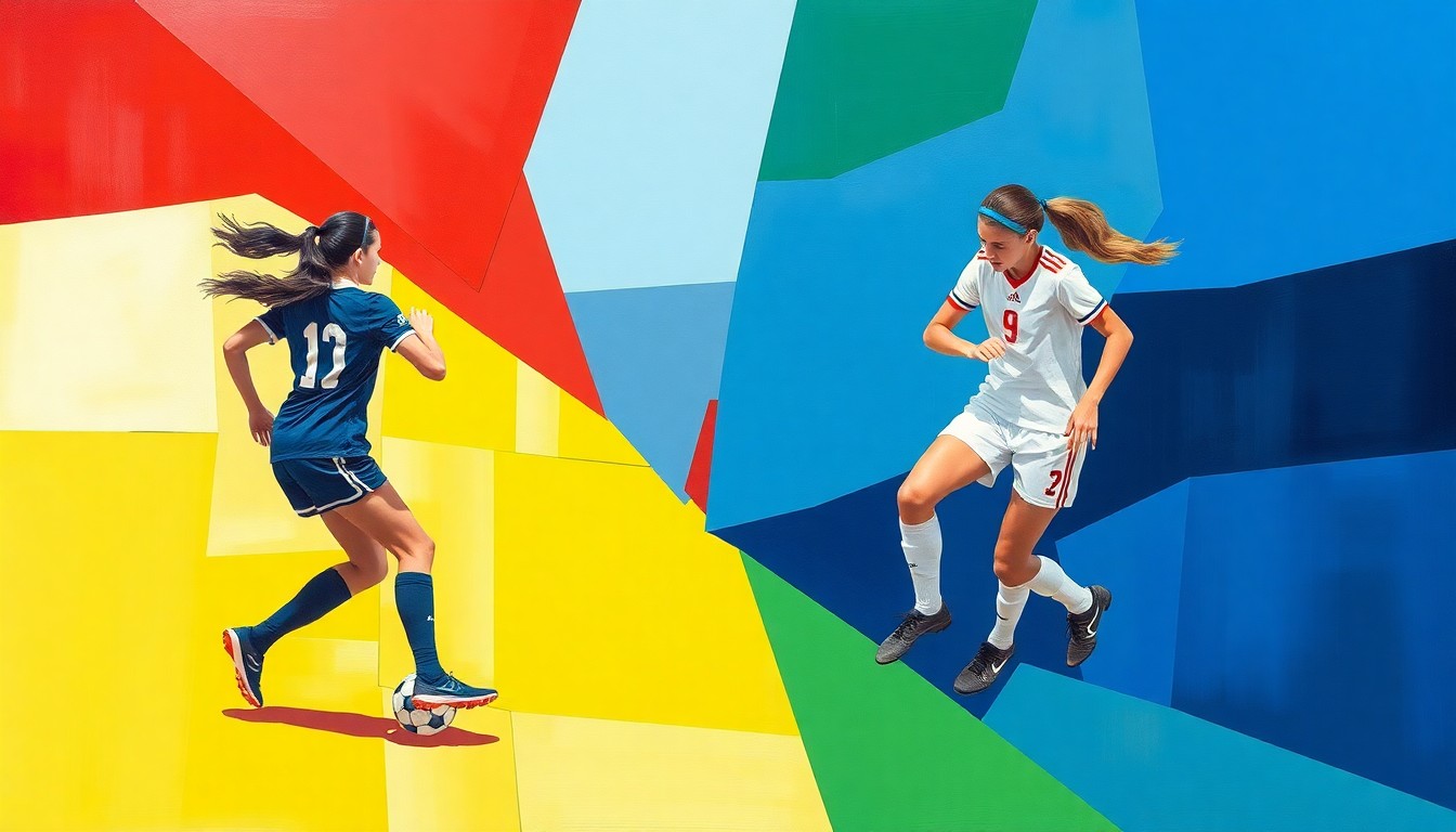 A fragmented, geometric painting depicting the dynamic movements and competing perspectives of a girls' high school soccer match, using the team colors of Tahlequah and Pryor to represent the opposing sides.