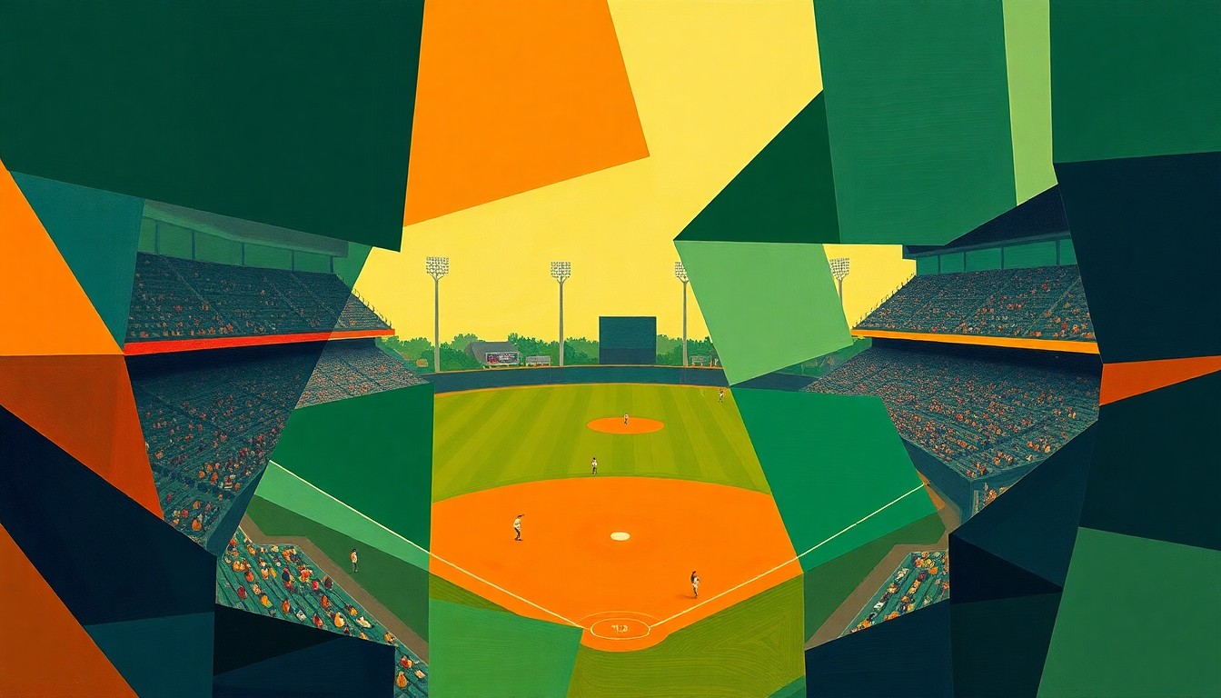 A fragmented, geometric painting depicting a high school baseball game, with sharp planes of green, blue, and orange representing the dynamic action on the field.