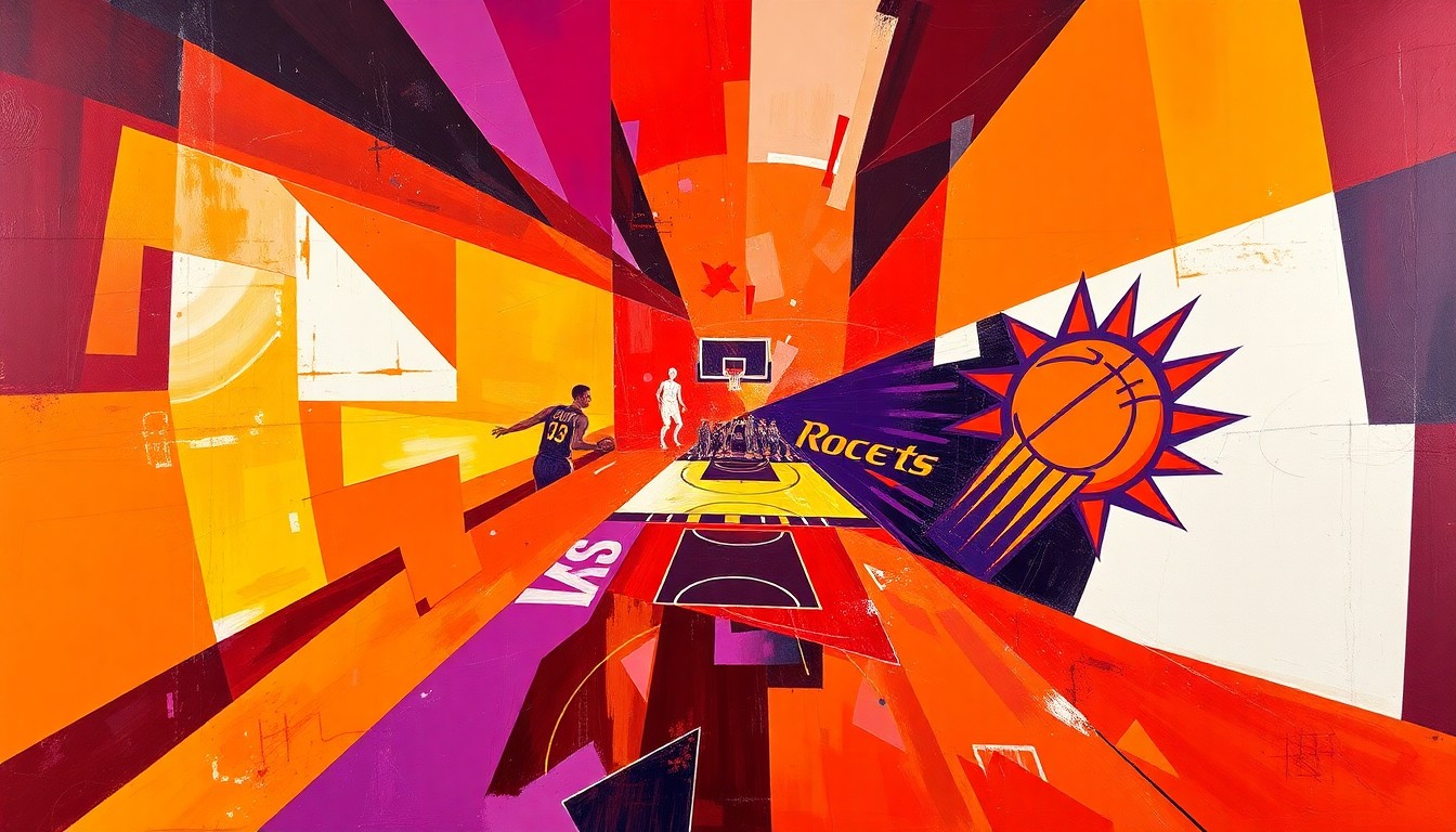 A fragmented, geometric painting depicting a basketball game, with overlapping planes of bright orange, red, and purple representing the action on the court.