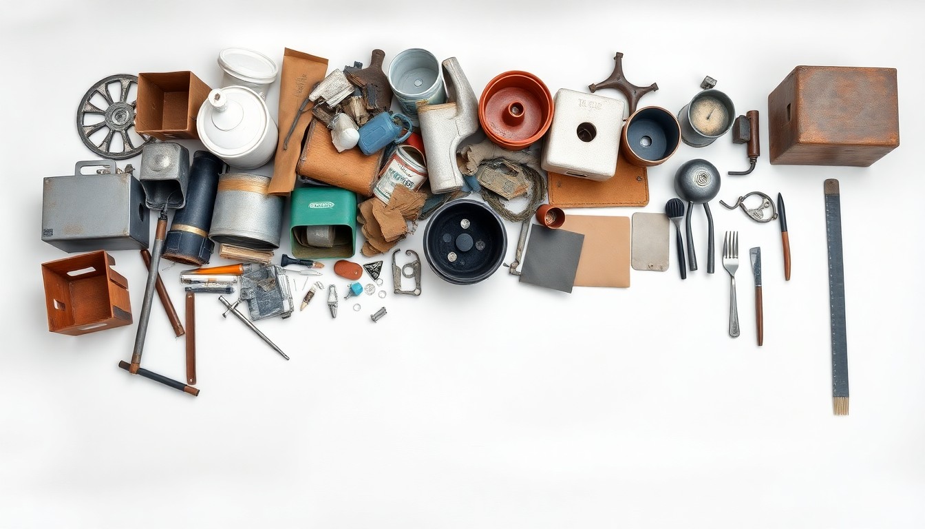 A photorealistic studio still-life featuring a neatly arranged collection of recycled materials, scrap metal, and repurposed household items on a clean white background, conceptually representing the sustainable practices and community impact of a local junk removal company.