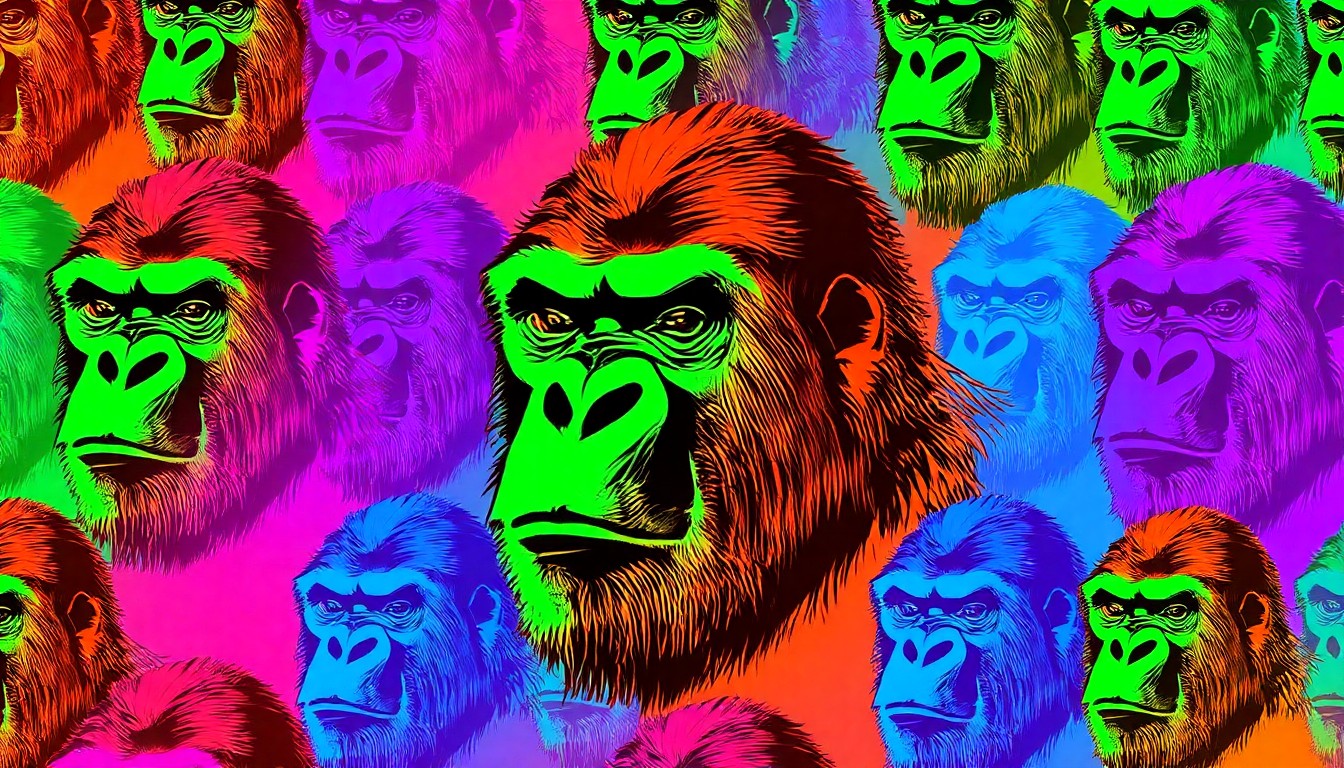 A vibrant, abstract grid of stylized gorilla figures in neon shades of green, blue, and pink, conceptually representing the modern, design-forward approach to the zoo's new gorilla enclosure.