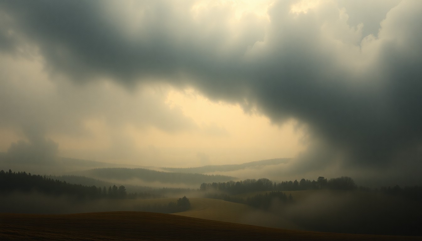 A sweeping, atmospheric landscape painting in muted tones of grey, blue, and green, with a distant horizon obscured by heavy fog and dramatic lighting, conveying the sublime scale of shifting weather patterns in the Ohio countryside.