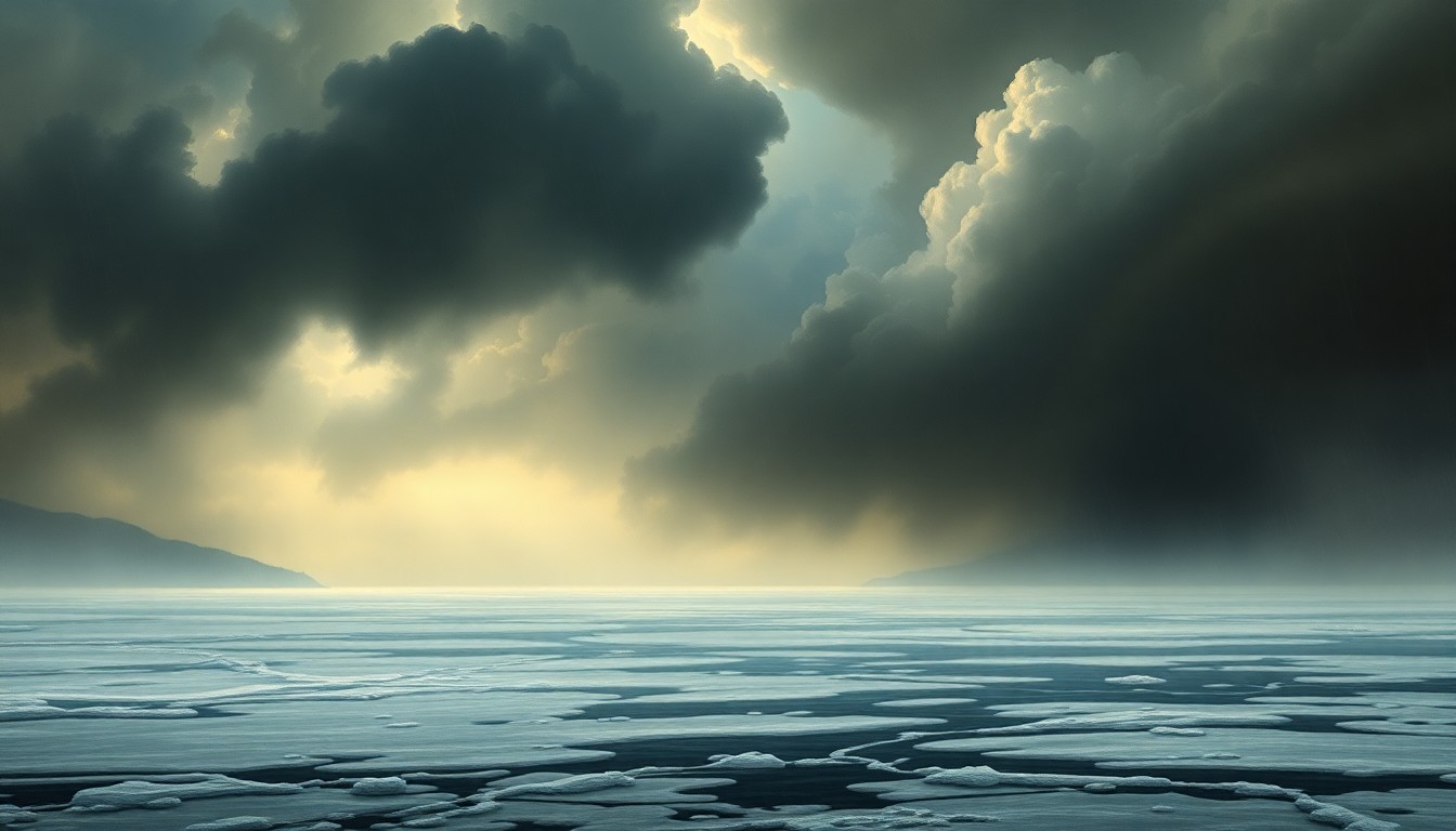 A vast, atmospheric landscape painting in muted tones of gray, blue, and white, depicting a stormy, wintry scene over a frozen body of water. The composition uses deep perspective and dramatic lighting to convey the overwhelming scale and power of the weather, with heavy clouds obscuring the horizon and snowfall or rain obscuring the details of the landscape.