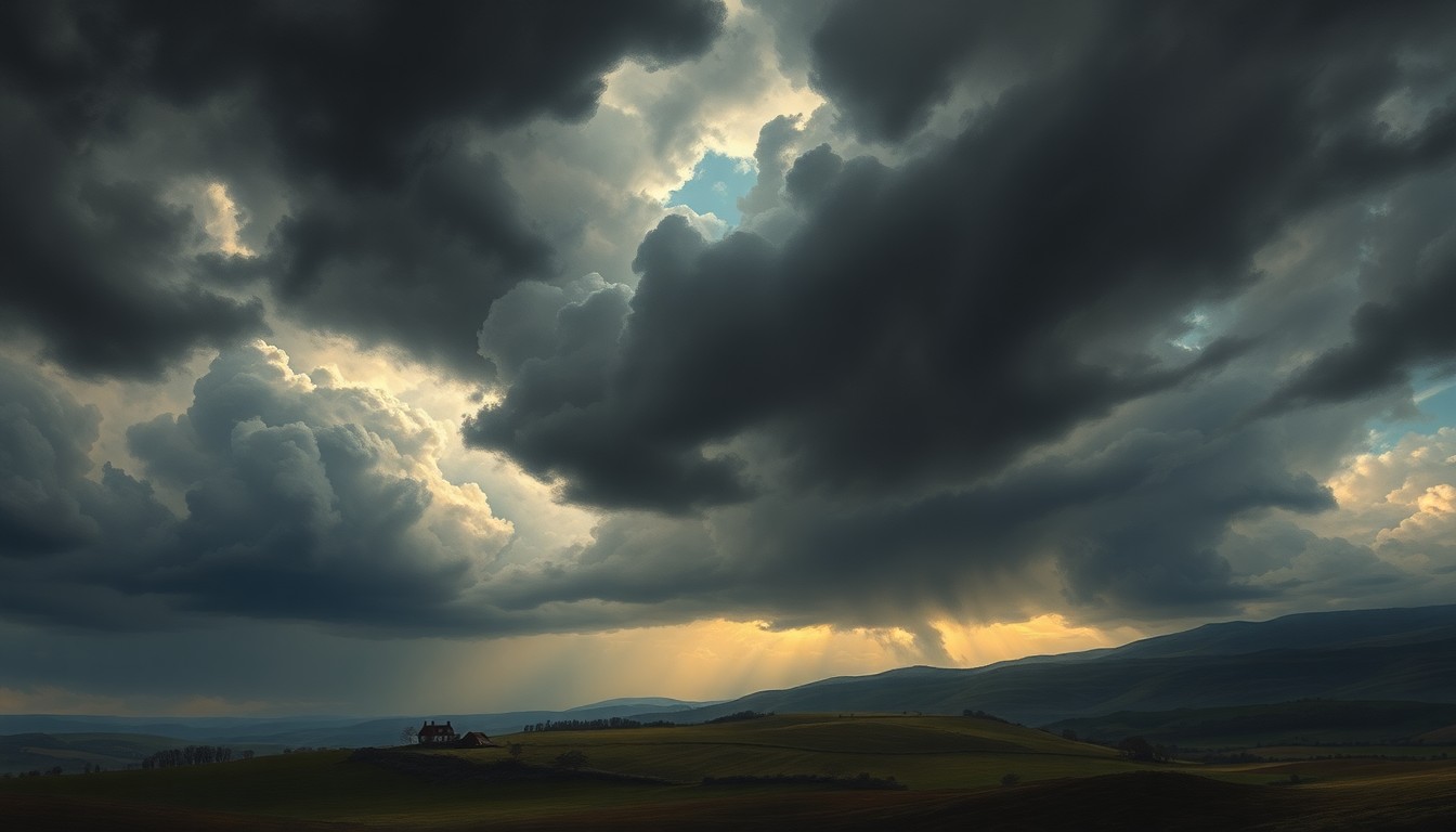 A vast, dramatic landscape painting depicting a stormy, turbulent sky filled with dark clouds looming over a rural, hilly scene, conveying the overwhelming scale and power of the approaching weather.