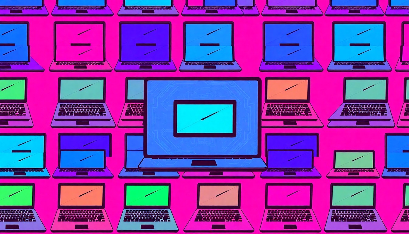 A brightly colored, high-contrast silkscreen print of a laptop or tablet interface, repeated in a tight grid pattern, representing the growing presence of AI technology in education.