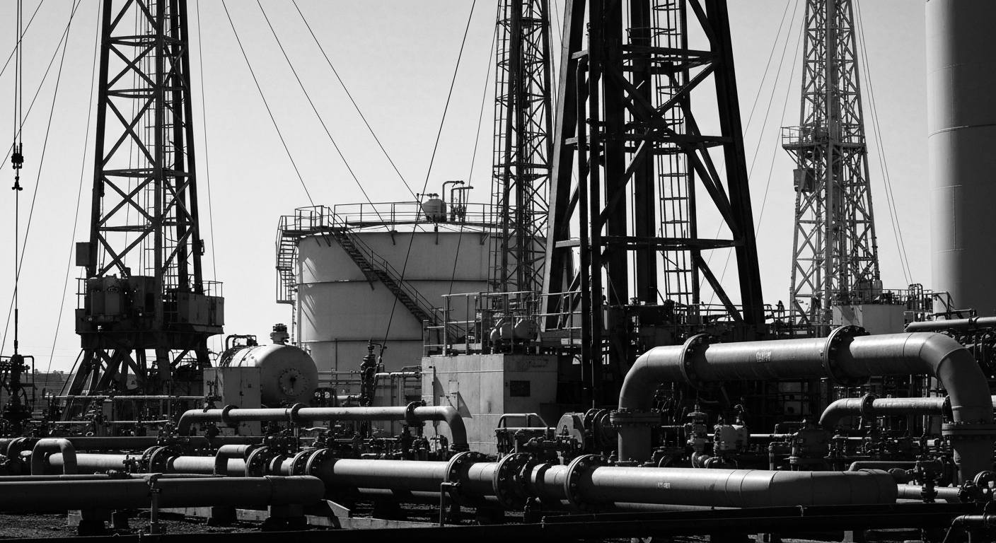 A high-contrast, black-and-white close-up image of industrial oil and gas equipment, conveying the scale and complexity of the energy industry without using any text or identifiable elements.
