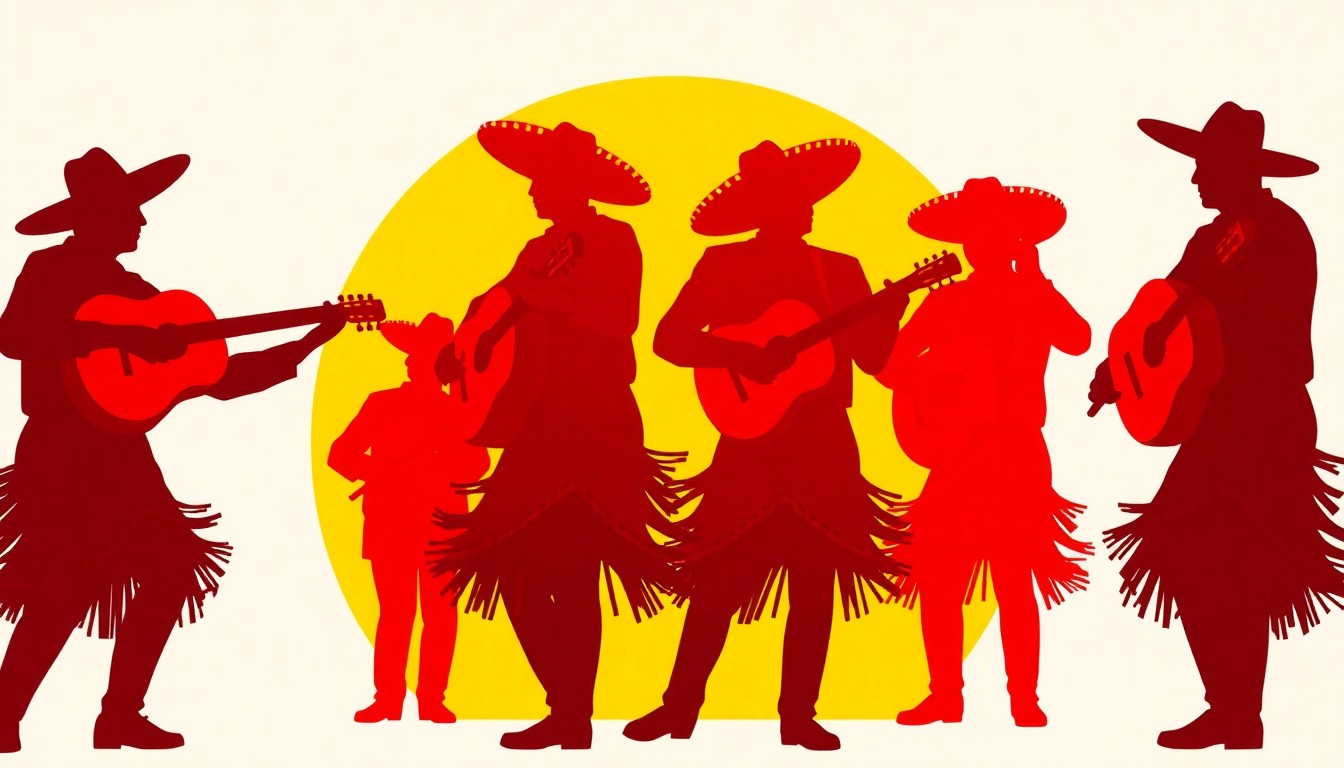 A striking abstract composition of overlapping red, orange, and yellow geometric shapes, conveying the vibrant energy and cultural pride of a mariachi performance.