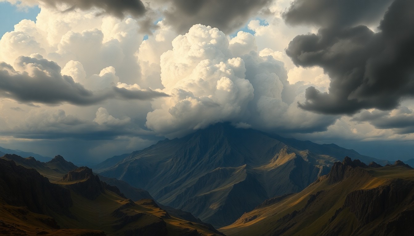 A sweeping, atmospheric landscape painting in muted tones of gray, blue, and green, with a dramatic, swirling sky dominating the scene and dwarfing the rugged terrain below.