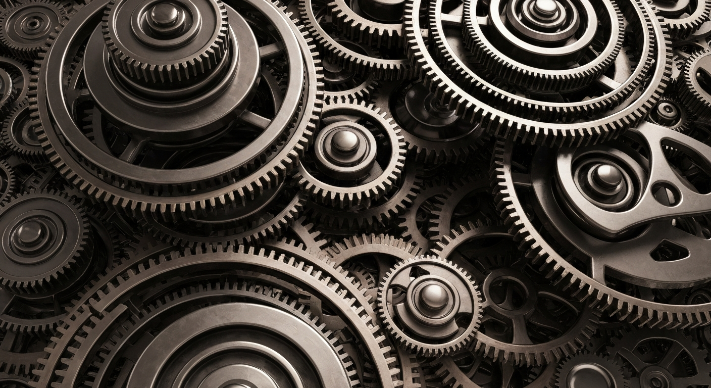 An extreme close-up of a heavily textured, gear-driven financial mechanism in shades of steel grey, bronze, and black, conceptually representing the inner workings of the banking and investment industry.
