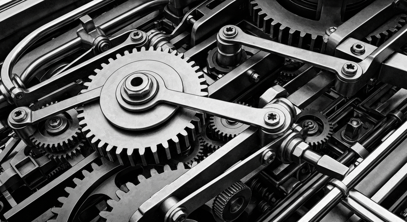 A high-contrast, cinematic close-up of the heavy, industrial machinery and components that power the internal workings of a financial institution, conveying a sense of the raw, mechanical force behind the banking system.