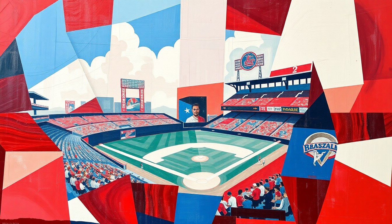 A fractured, cubist-style painting depicting the dynamic action of a baseball game, with players and the field broken down into sharp, overlapping geometric shapes and planes in a patriotic red, white, and blue color palette.